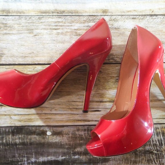 *SOLD* Red Patent Leather Peep Toe Pumps - Picture 2 of 8